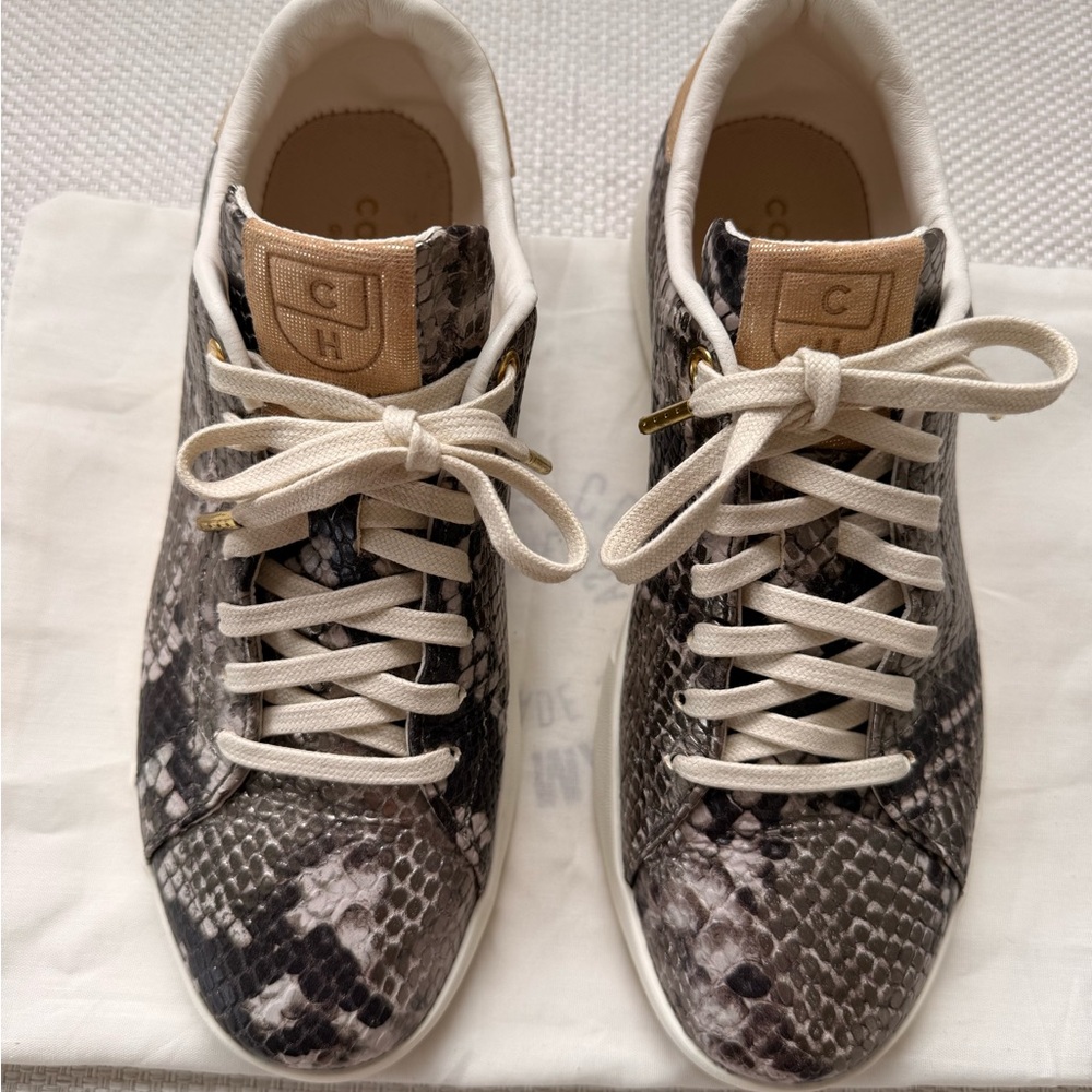 Cole Haan Snake-Print Leather Sneakers in  Brown and ivory